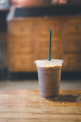 Close-up of iced mocha coffee on table