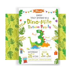 Holiday birthday invitation to Dino Birthday party three years with funny cartoon dinosaurs and design elements. Vector illustration