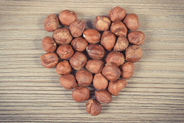 Heart shaped hazelnuts. Source vitamins and minerals. Healthy eating