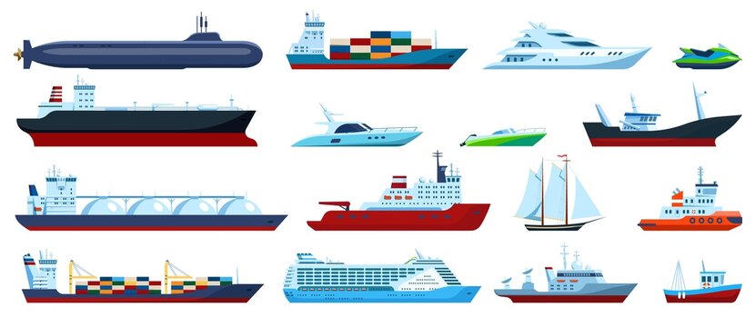 Flat sea boats. Cruise, cargo ship, yacht, sailboat, tugboat, motorboat, submarine, fishing boat. Ocean travel transportation vector set. Different private and industrial vessels isolated