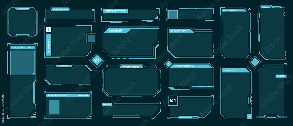 Poster hud frames. futuristic text box, border, frame. sci-fi digital screen, hologram panel. high tech hud