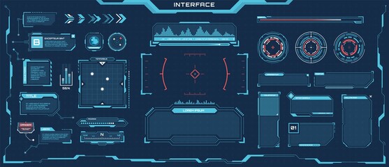 Futuristic hud elements. Cyberpunk space digital panels, frames, callout titles, progress bars. Sci-fi game interface element vector set. Virtual screen with digital panel for games © Frogella.stock