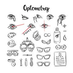 Optometry is a set of icons, with eyes, lenses and glasses for medical information graphics. Hand-drawn vector illustration on a white background