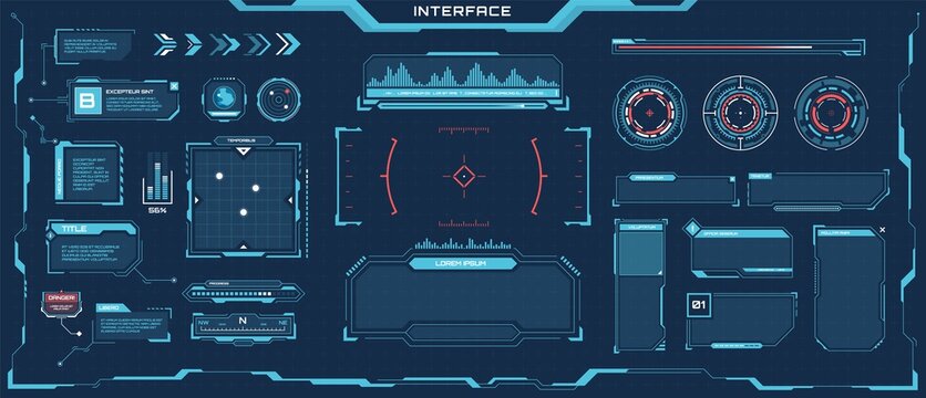 Futuristic Hud Elements. Cyberpunk Space Digital Panels, Frames, Callout Titles, Progress Bars. Sci-fi Game Interface Element Vector Set. Virtual Screen With Digital Panel For Games