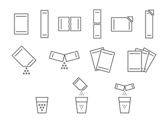 Sachet packet soluble powder line icon set. Open paper pack stick with powder. Soluble bag medication or food sugar, salt, cofee. Symbol pouch editable stroke. Vector illustration