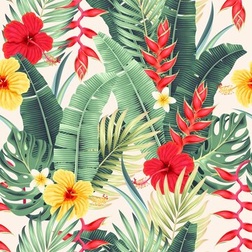 Pattern with red and yellow tropical flowers