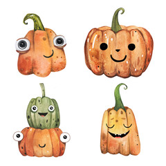 Cute hand drawn squash pumpkin in watercolor for Halloween.