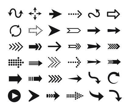 Arrow icon. Arrows pictograms, buttons, web cursors, pointers. Up, down, right, left direction signs. Curve and straight arrows symbol vector set. Navigation, location and orientation sign