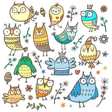 Set with cute cartoon owls. Funny animals collection. Doodle birds print. Vector herbs  poster.