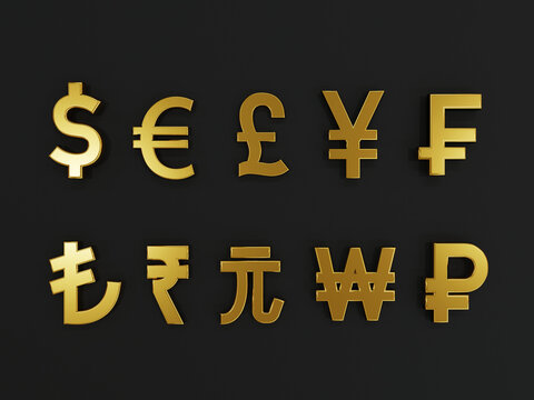 3D rendering for main golden currency exchange include dollar Yen Pound Euro Yuan Won in the world on black background and copy space , Forex  trading and investment concept.