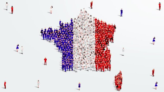 France Map and Flag. A large group of people in French flag color form create the map. 4K Video Animation.