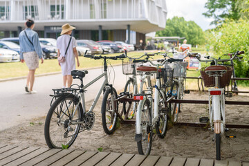 Bicycle parking on resort Parnu, Estonia at summer