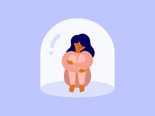 Unhappy woman sitting hugging her knees under real or imagined glass dome. Mental disorder, female depression, loneliness. Upset girl in psychological trapped, cage. Void or vacuum vector illustration - obrazy, fototapety, plakaty