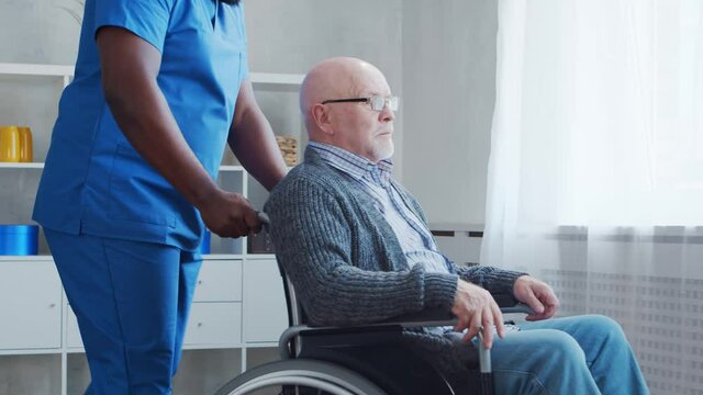 African-American caregiver and old disabled man in a wheelchair. Professional nurse and handicapped patient in a nursing home. Assistance, rehabilitation and health care.