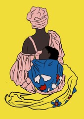 Picture shows close contact between African women and her kid with the help of a sling. relationship between mother and newborn 