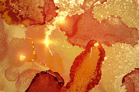 Amber, yellow and gold abstract marble pattern with sparkles. Vector background in alcohol ink technique with glitter. Template for banner, poster design. Fluid art painting