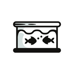 Symbol or object of an aquarium with two fish inside, in black line art style and shadow detail.