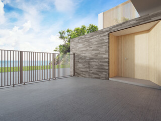 Fototapeta premium Luxury beach house with sea view and wooden door in modern design. Empty concrete floor car park at vacation home. 3d illustration of contemporary holiday villa exterior.