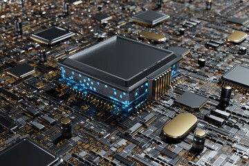 Futuristic CPU processor blue light on Motherboard Circuit board 3D rendering