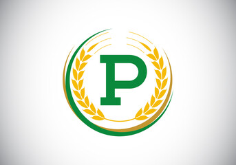 Initial letter P sign symbol with wheat ears wreath. Organic wheat farming logo design concept. Agriculture logo design vector template.