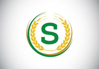 Initial letter S sign symbol with wheat ears wreath. Organic wheat farming logo design concept. Agriculture logo design vector template.