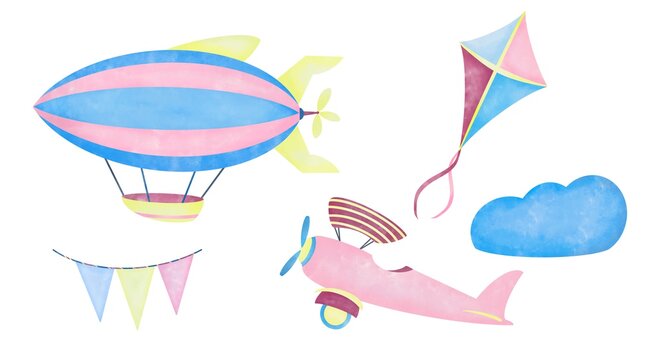 Watercolor set. Airship, kite, airplane and flags in the clouds on white background. Digital illustration for kids children. Print quality.