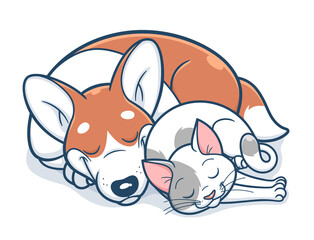Cute cartoon corgi and cat sleeps. Vector illustration. 