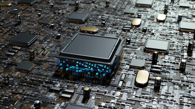 Futuristic CPU processor blue light on Motherboard Circuit board 3D rendering