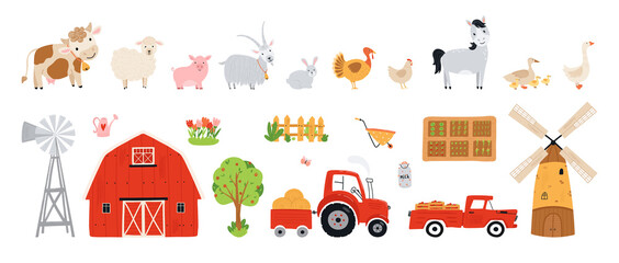 Set farm elements. Collection farm animals in a flat style. Illustration with pets cow, horse, pig, goose, rabbit, chicken, turkey, goat, sheep, barn, mill, tractor isolated white background. Vector - 444040328