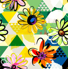 seamless floral background pattern, with triangles, flowers, leaves, paint strokes and splashes