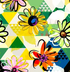 Poster seamless floral background pattern, with triangles, flowers, leaves, paint strokes and splashes © Kirsten Hinte