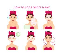 Cute Girl with Head Band Bow Applyes a Sheet Moisturizing Mask on Face. Steps. Instruction. Healthy Facial Hygiene. Flat Cartoon Color Woman. White background. Illustration for Beauty, Medical Design.