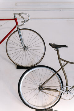 Bicycles hanging on wall in garage