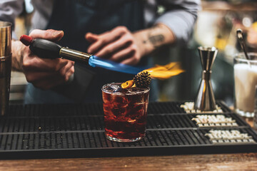Fototapeta na wymiar Bartender making a smoky cocktail with a torch
