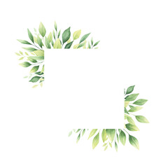 Watercolor greenery floral frame with hand_painted leaves isolated on white background. Perfect for wedding invitations, greeting cards, posters, templates. 