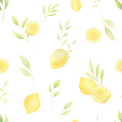 Watercolor lemon citrus leaves seamless pattern. Hand-painted lemons background with greenery for textile, covers, fabric. 