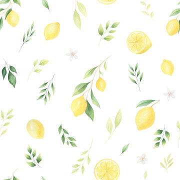 Watercolor lemon citrus leaves seamless pattern. Hand-painted lemons background with greenery for textile, covers, fabric. 