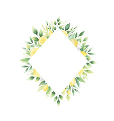 Fototapeta na wymiar Watercolor lemons citrus floral frame isolated on white background. Perfect for greeting cards, cute gifts, stickers, social networking and promotions, packaging, covers, and more.
