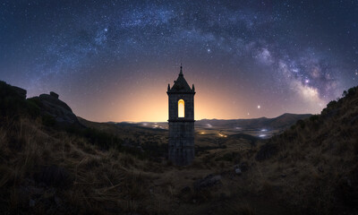 Ancient building under starry sky with Milky Way