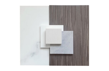 interior material samples containing white, grey, beige artificial stone ,italian walnut wooden veneer, white marble floor tile isolated on white background with clipping path. mood and tone board