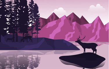 Peaceful Mountain Lake Deer Pine Trees Nature Landscape Illustration