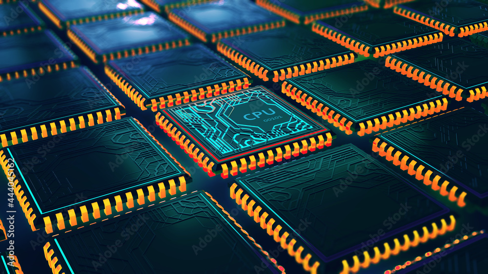 Poster Futuristic CPU. Database, data center. Quantum processor in global computer network. 3d illustration of digital cyberspace