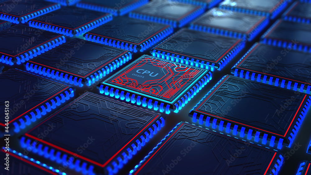 Poster Futuristic CPU. Database, data center. Quantum processor in global computer network. 3d illustration of digital cyberspace