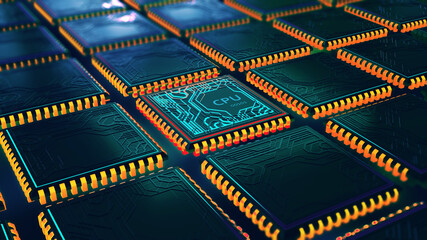 Futuristic CPU. Database, data center. Quantum processor in global computer network. 3d illustration of digital cyberspace