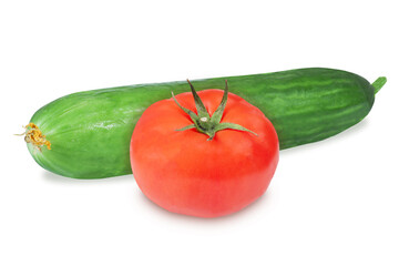 Tomato and cucumber on an isolated white background.