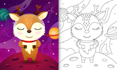 coloring book for kids with a cute deer in the space galaxy