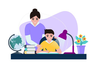 Mother helps her son do homework. Parent explains the difficult points. Child is happy, together learning is simple and fun. Family help concept. Flat design vector illustration