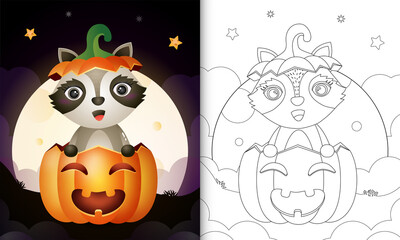 coloring book with a cute raccoon in the halloween pumpkin