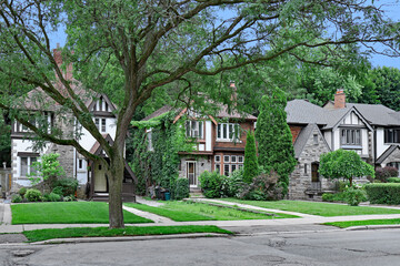 Tree lined residential street with older two story Tudor style houses
