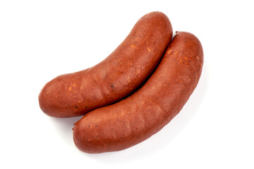 Smoked pork sausages, isolated on white background.